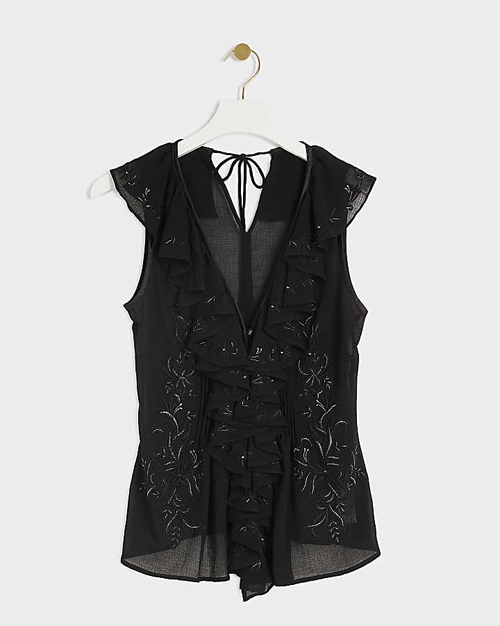 Black Embroidered Frill Blouse