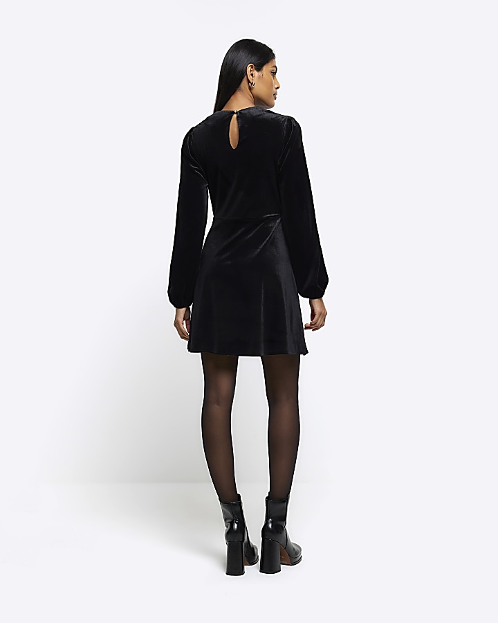 Black velvet bow shift mini dress