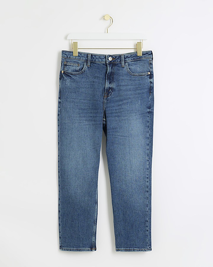 Petite blue high waisted slim straight jeans | River Island