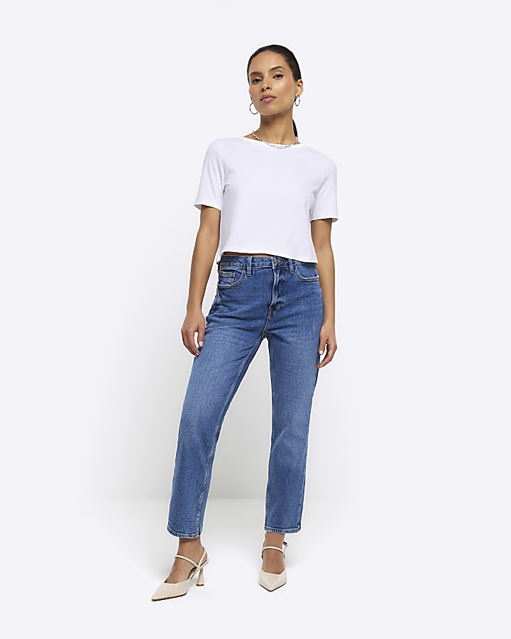 Petite blue high waisted slim straight jeans