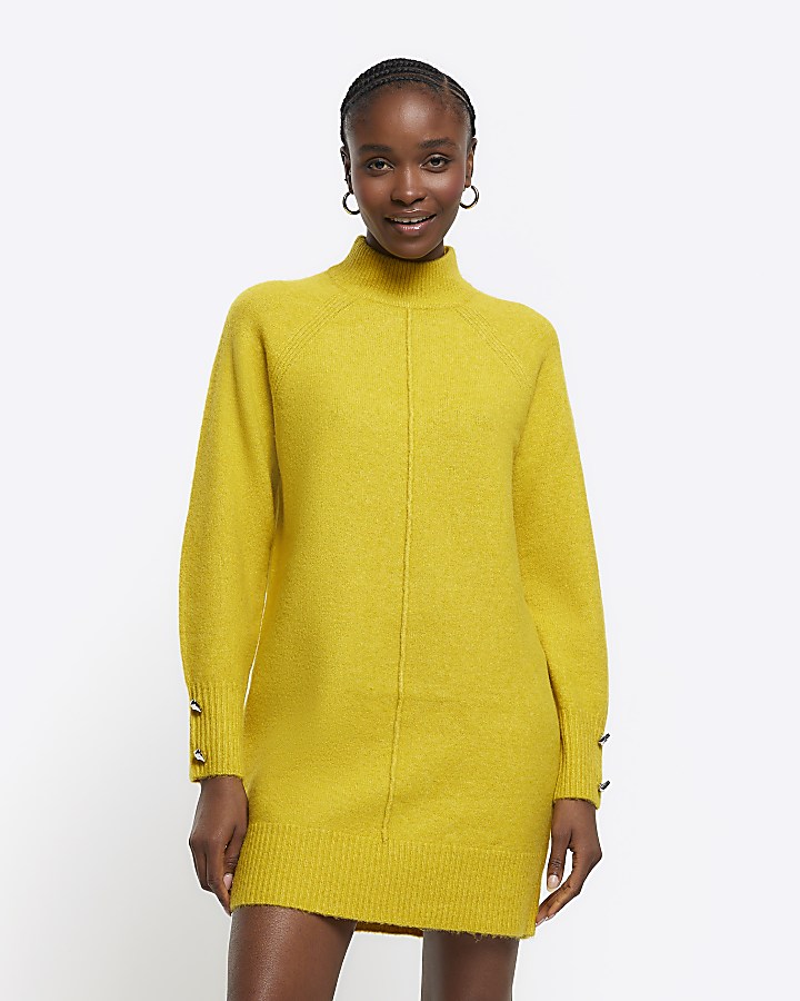 Yellow knitted cosy jumper mini dress River Island