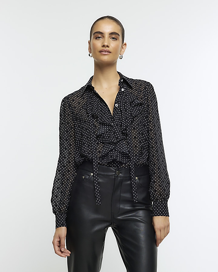 Black spot frill tie neck shirt