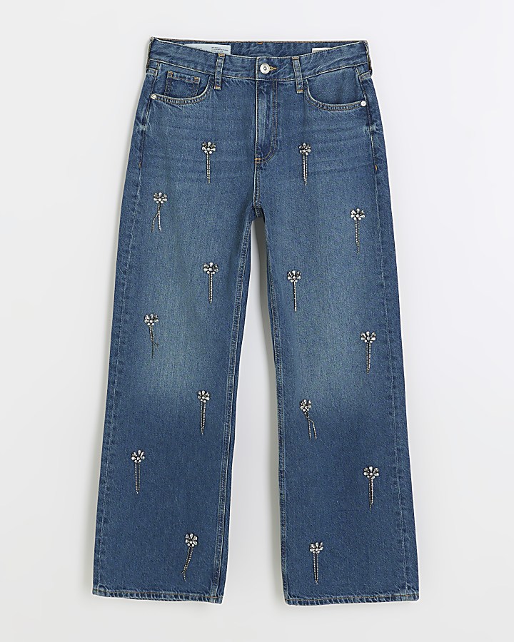 Petite blue embellished straight jeans