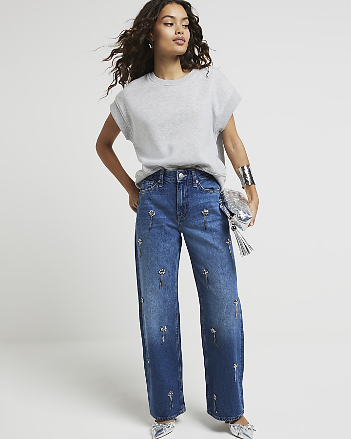 Petite blue embellished straight jeans