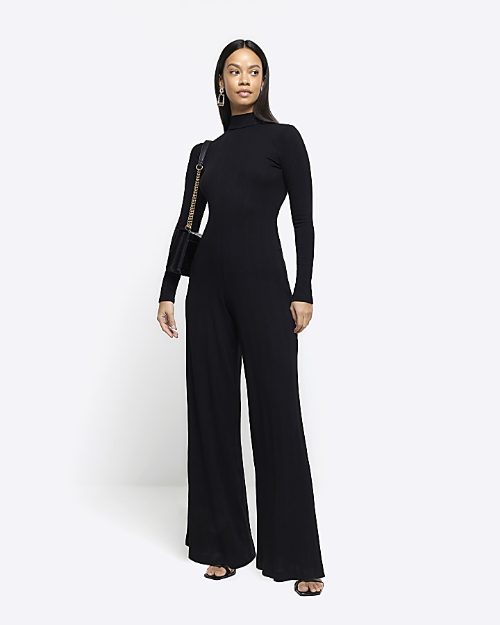 Black rib high neck wide leg jumpsuit