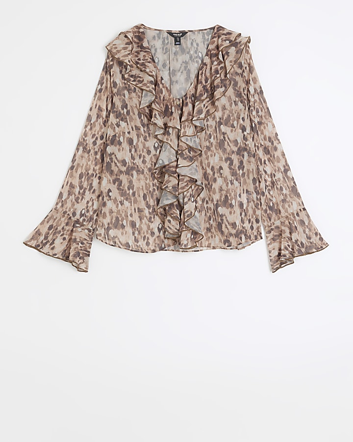Brown leopard print frill blouse