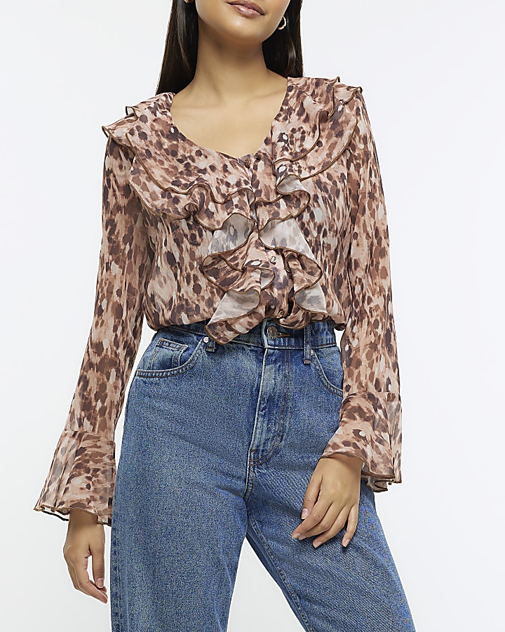 Brown leopard print frill blouse