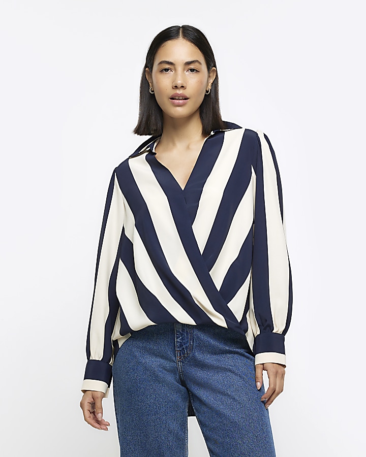 Navy stripe wrap blouse