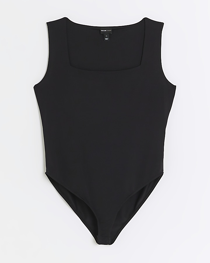 Petite black square neck bodysuit