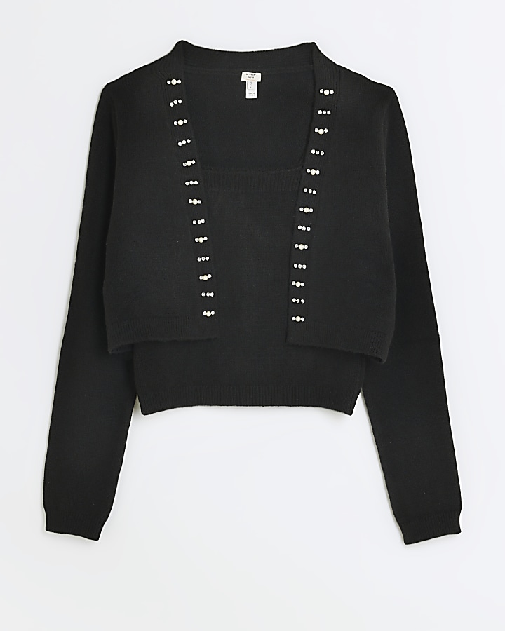 Black embellished cardigan vest set