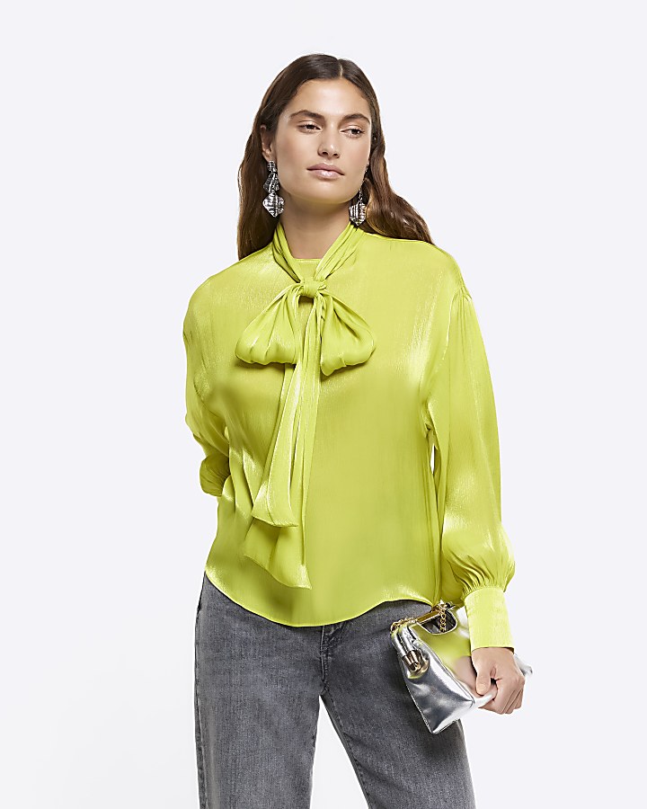 Yellow RI Studio satin tie neck blouse | River Island