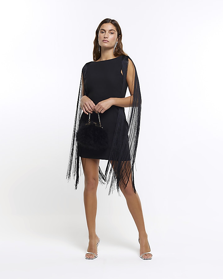 Short black fringe outlet dress