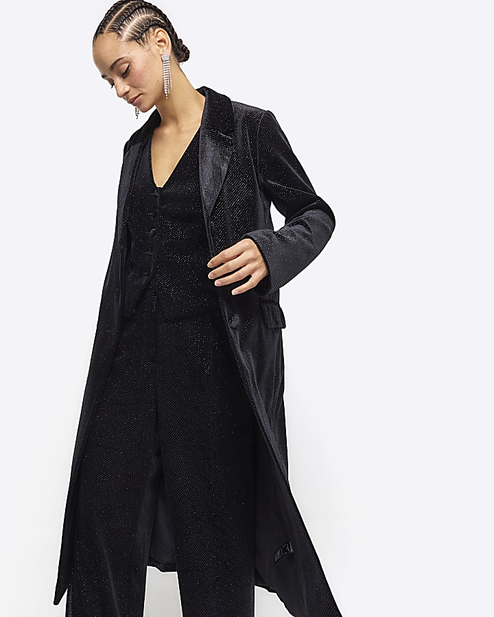Black velvet glitter longline coat