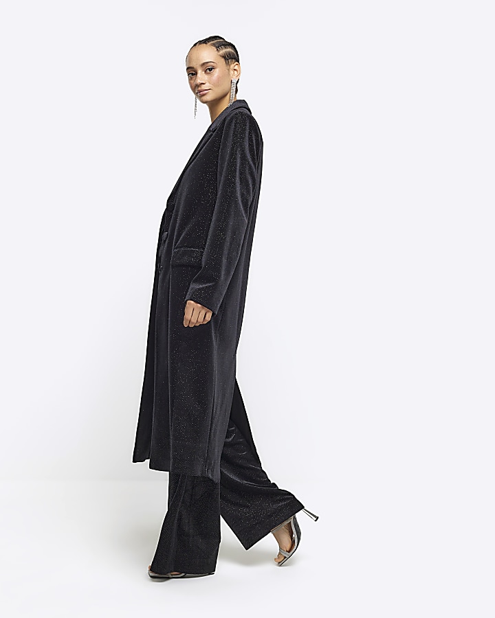 Black velvet glitter longline coat River Island