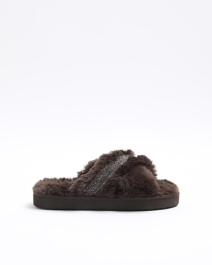 Brown faux fur embellished slippers | River Island
