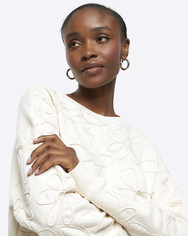 Cream embroidered floral sweatshirt River Island