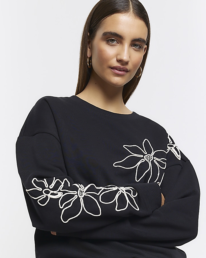 Black embroidered floral sweatshirt River Island