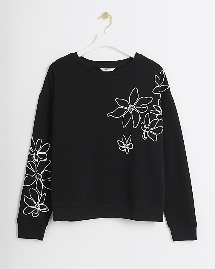 Black embroidered floral sweatshirt River Island