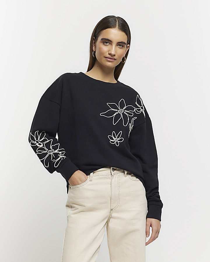 Black embroidered floral sweatshirt