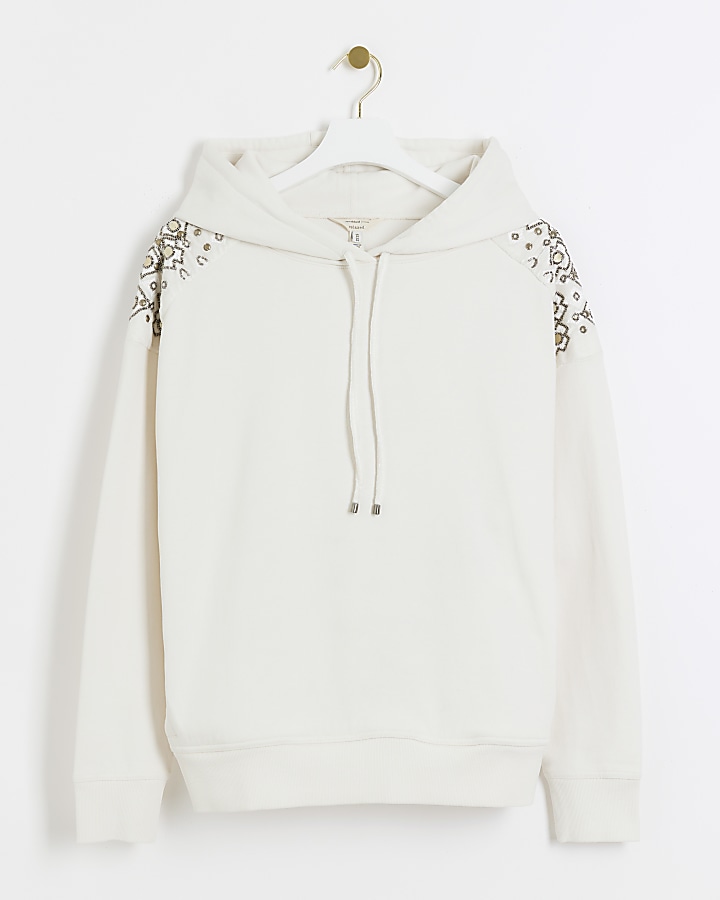 Cream embellished hoodie
