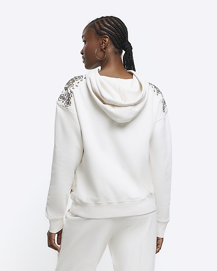 Cream embellished hoodie