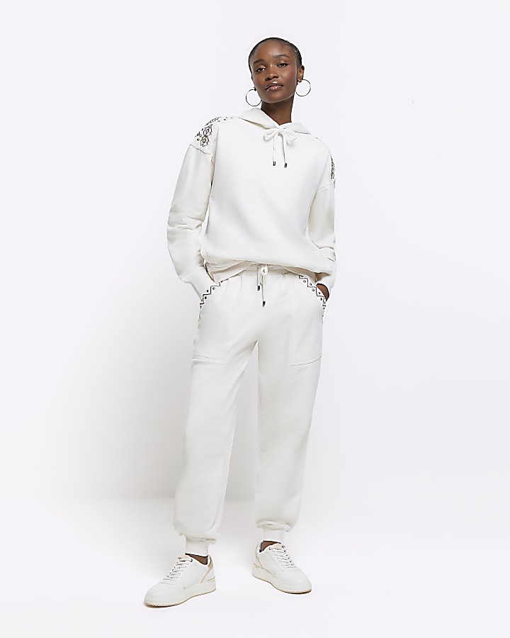 Cream embellished joggers | River Island