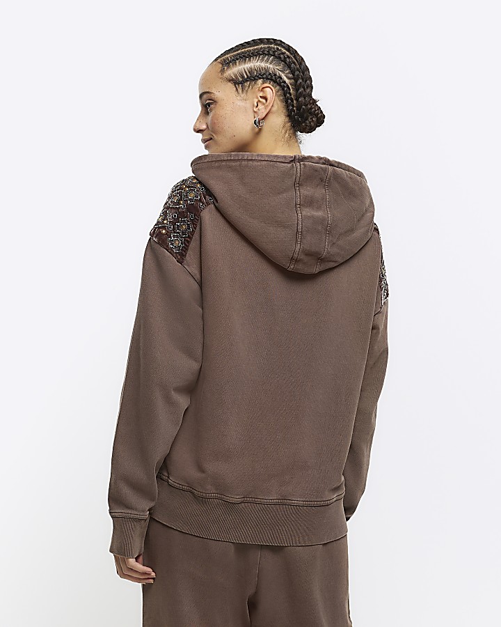 Brown velvet shoulder hoodie