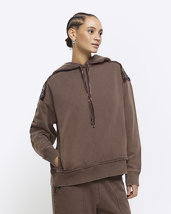 Brown velvet shoulder hoodie