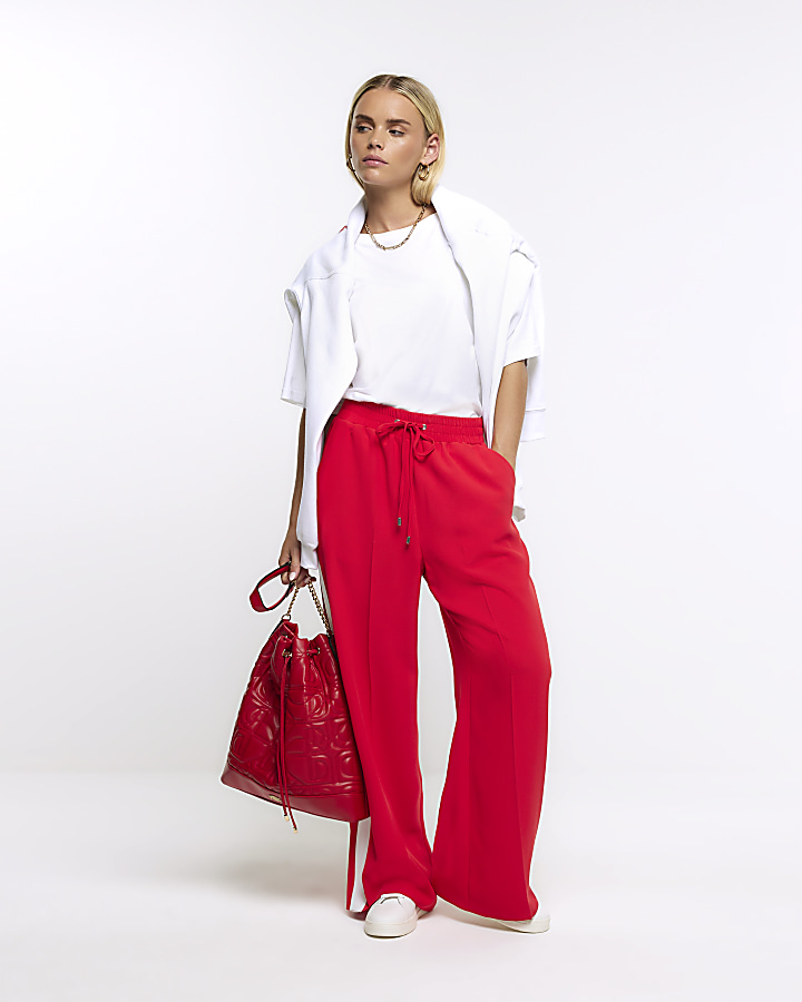 Petite red shop wide leg trousers