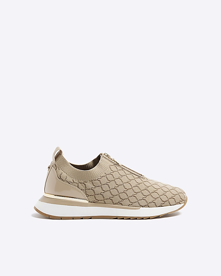 Beige knit monogram trainers