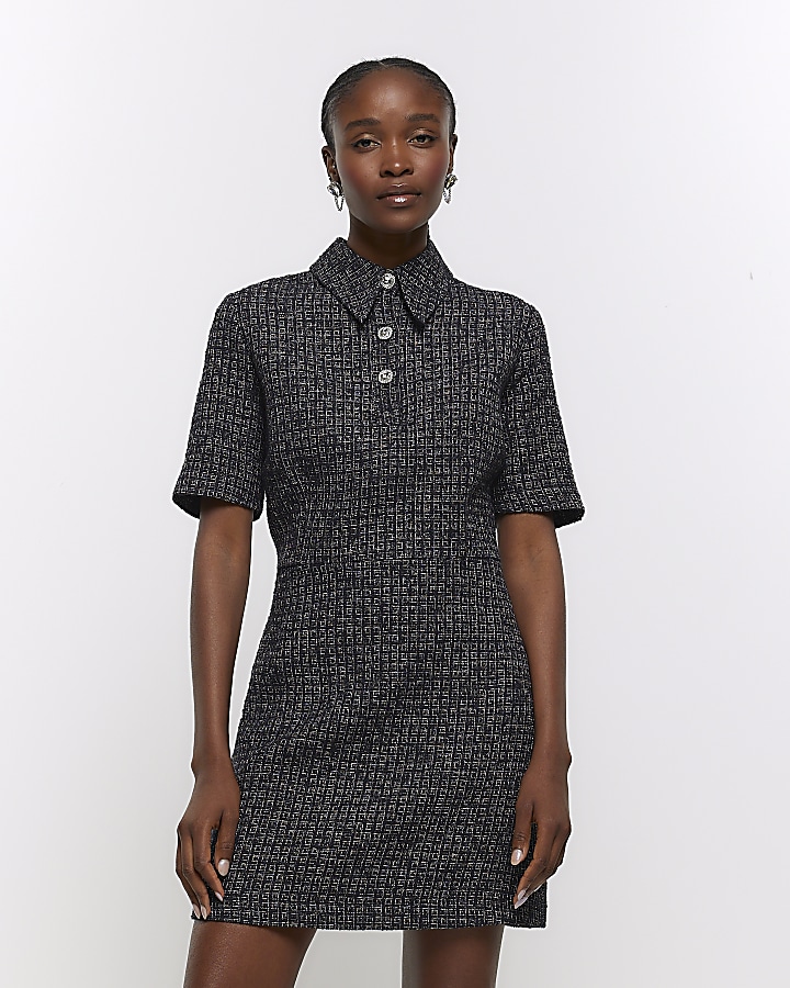 Black boucle check mini shirt dress | River Island