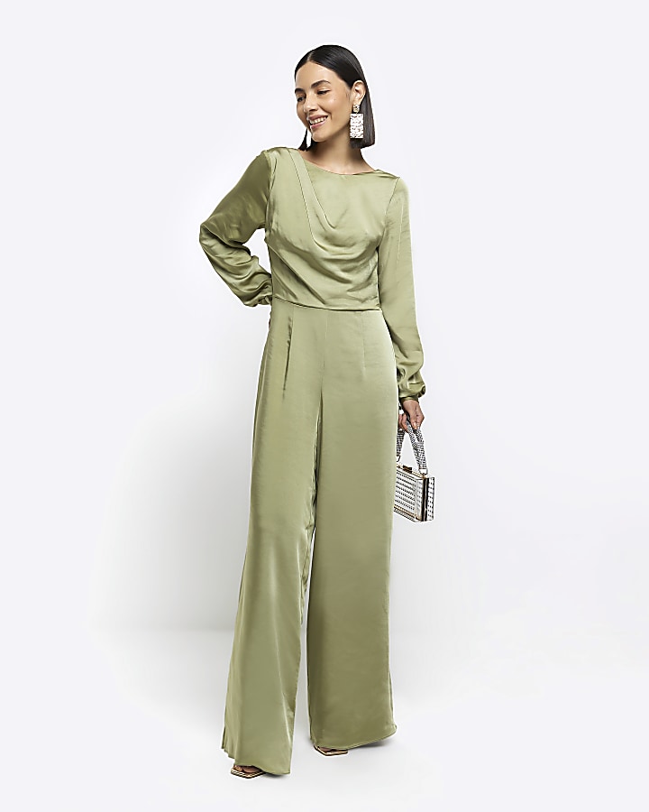 Green satin open back jumpsuit