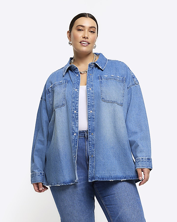 Plus blue long sleeve denim shirt