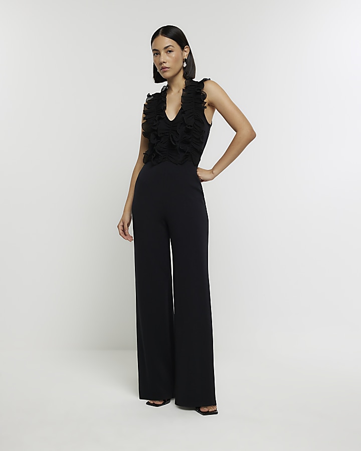 Black frill wide leg jumpsuit