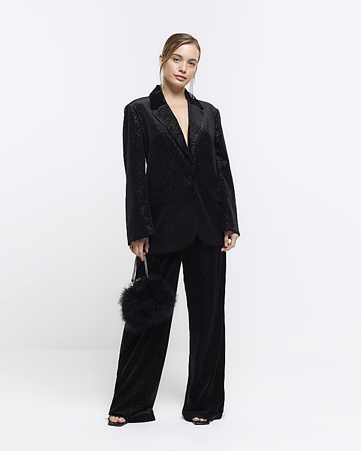 Petite black velvet sparkle slim trousers