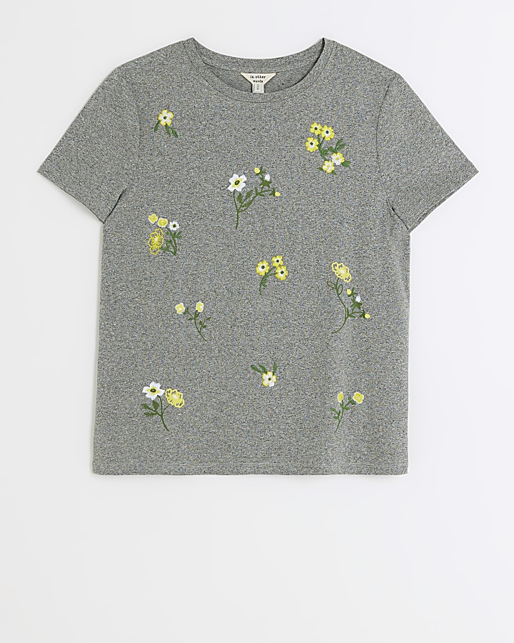 Grey embroidered floral t-shirt