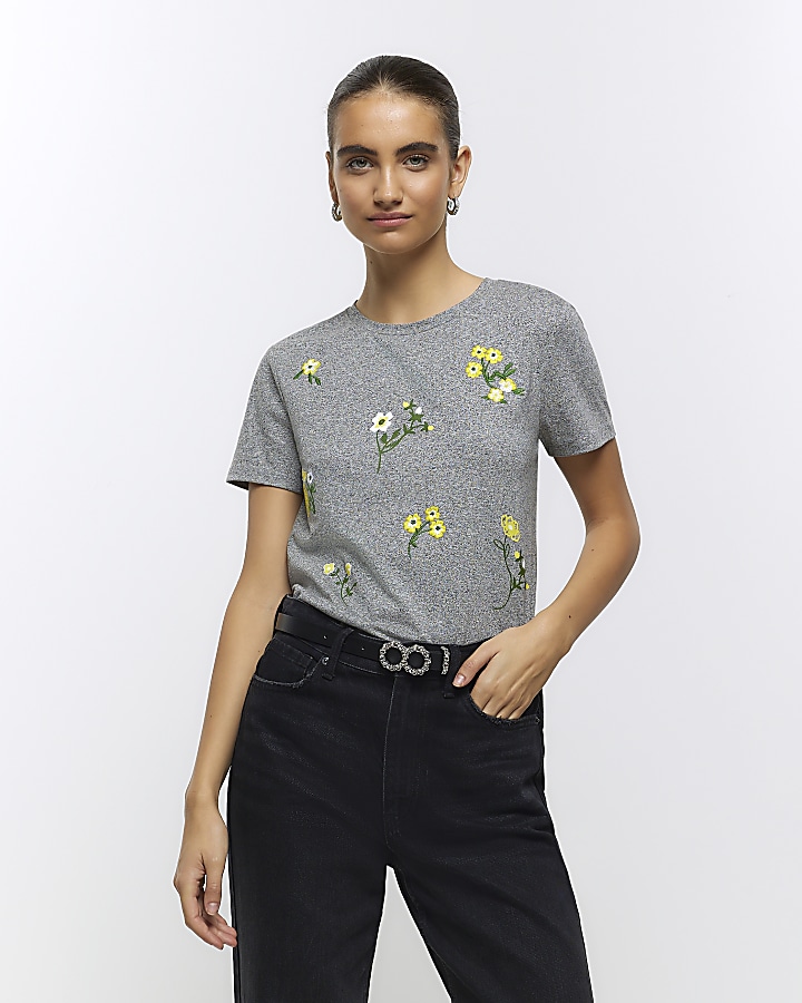 Grey embroidered floral t-shirt