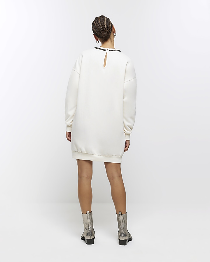 Cream diamante trim sweatshirt mini dress