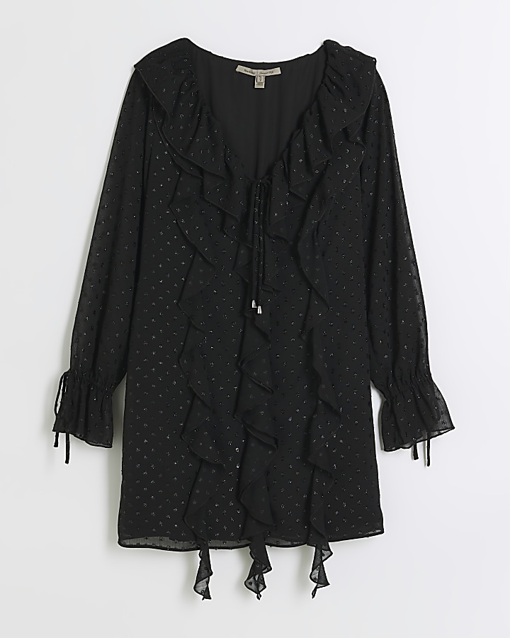 Black embellished frill swing mini dress