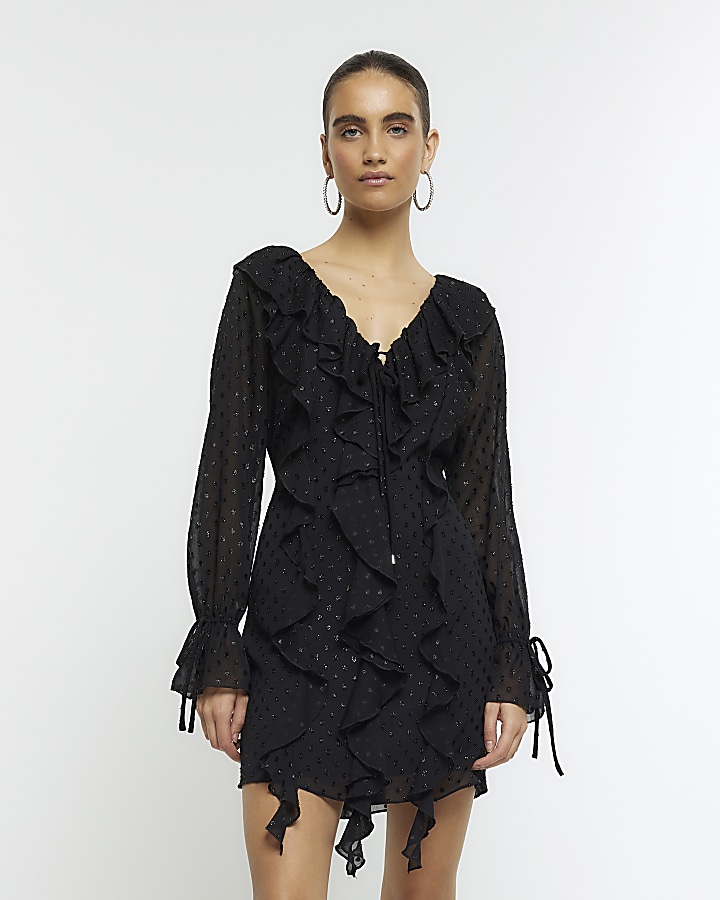Black embellished frill swing mini dress