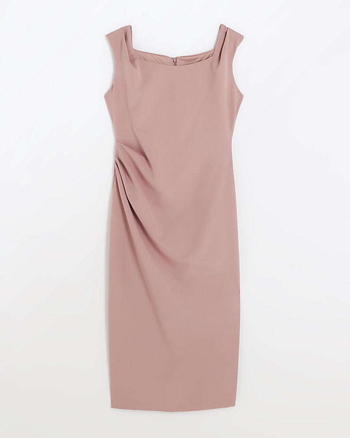 Pink ruched bodycon midi dress