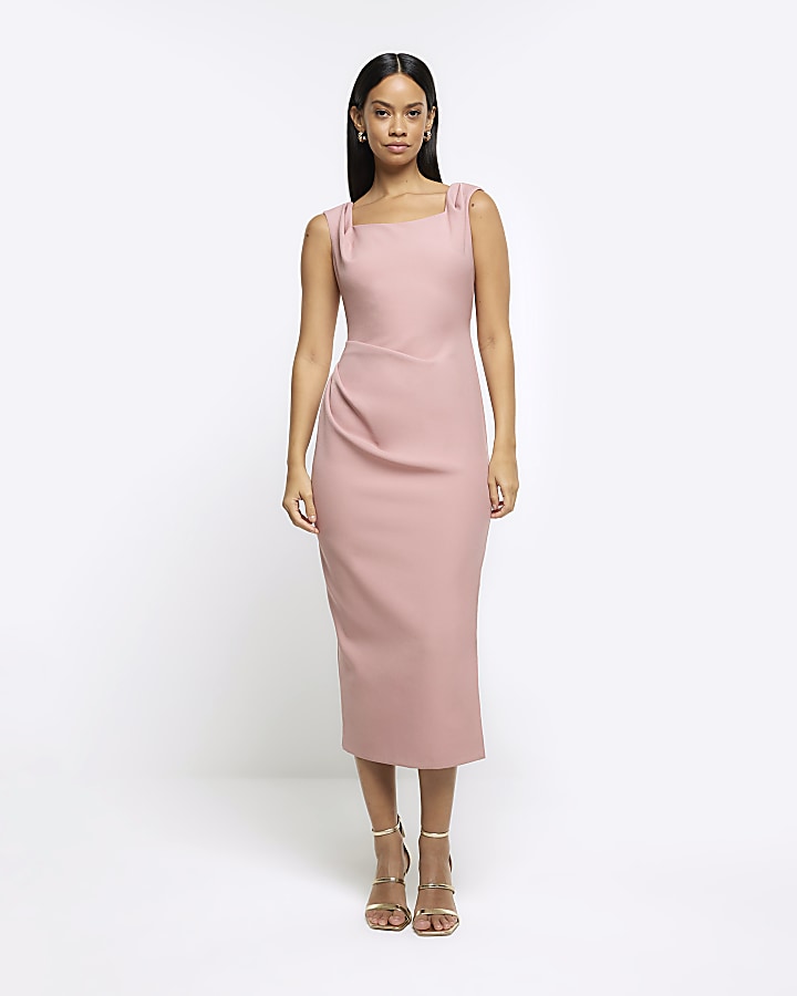 Pink ruched bodycon midi dress