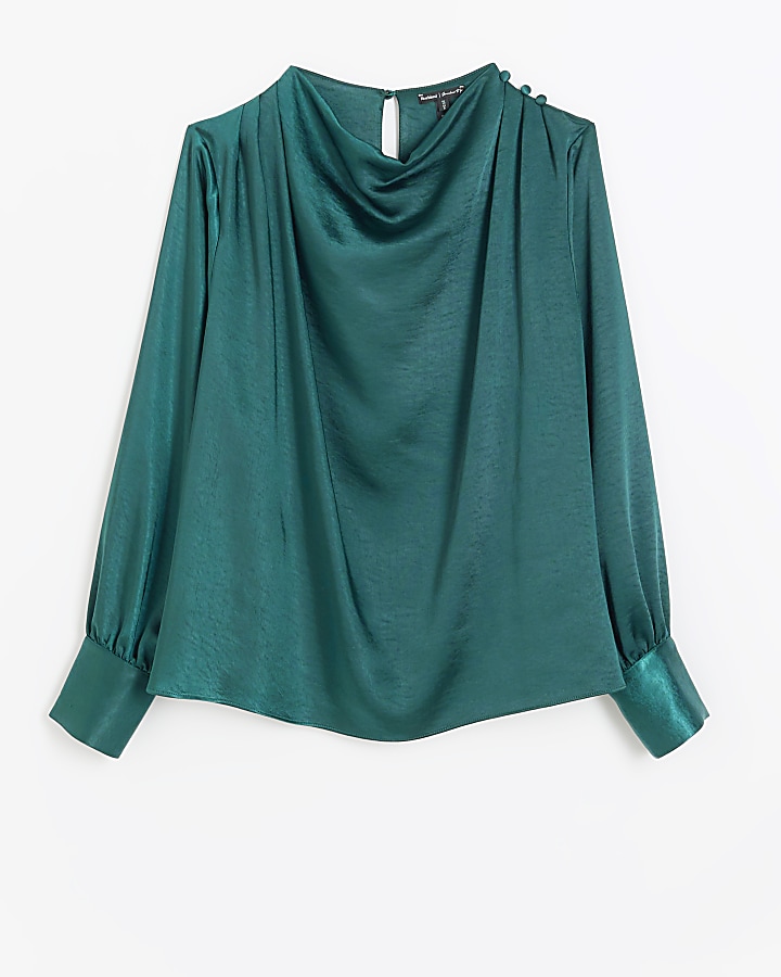Green satin cowl neck blouse