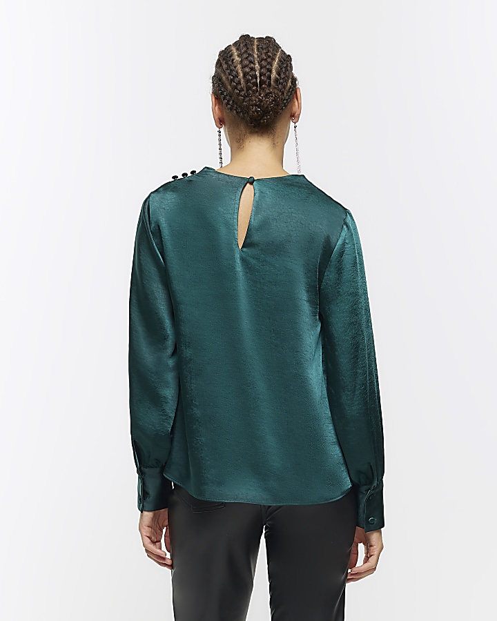 Green satin cowl neck blouse