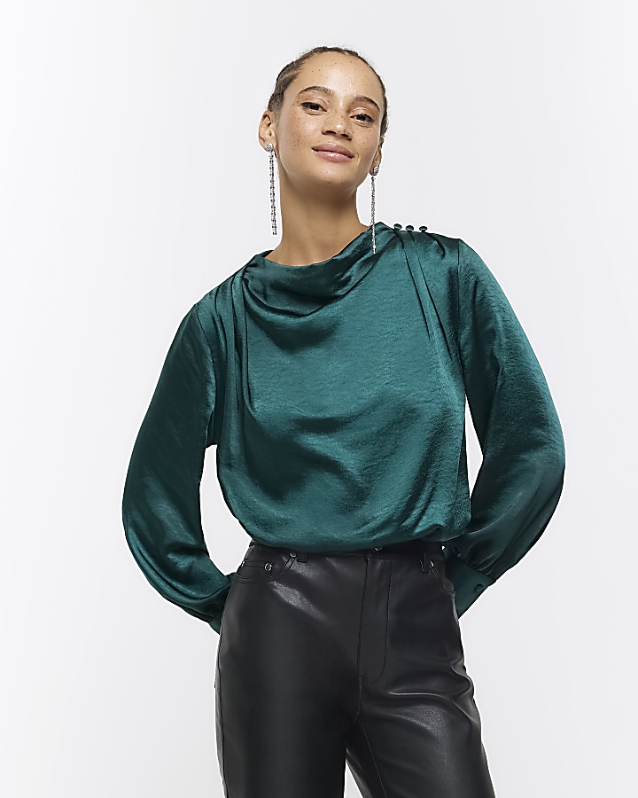 Green satin cowl neck blouse