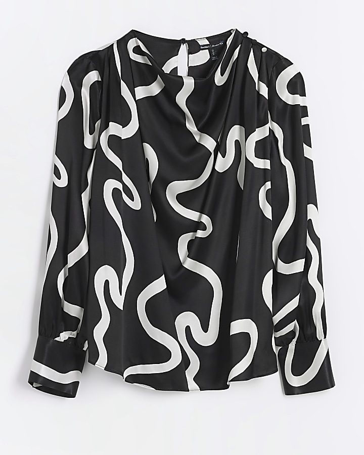 Black abstract cowl neck blouse
