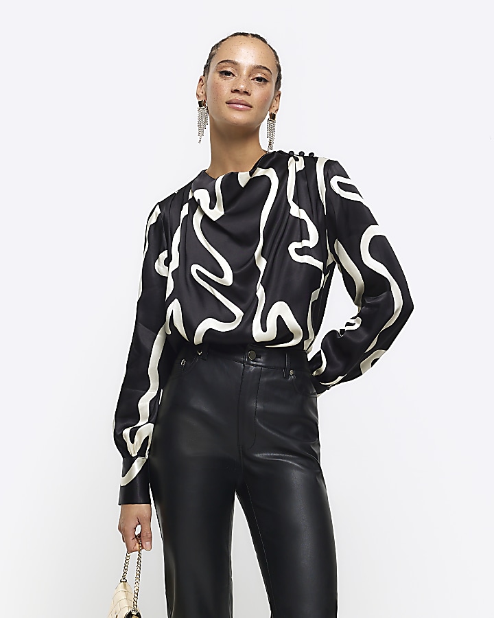 Black abstract cowl neck blouse | River Island