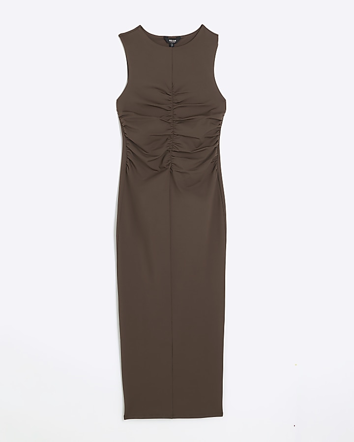 Brown ruched detail maxi dress