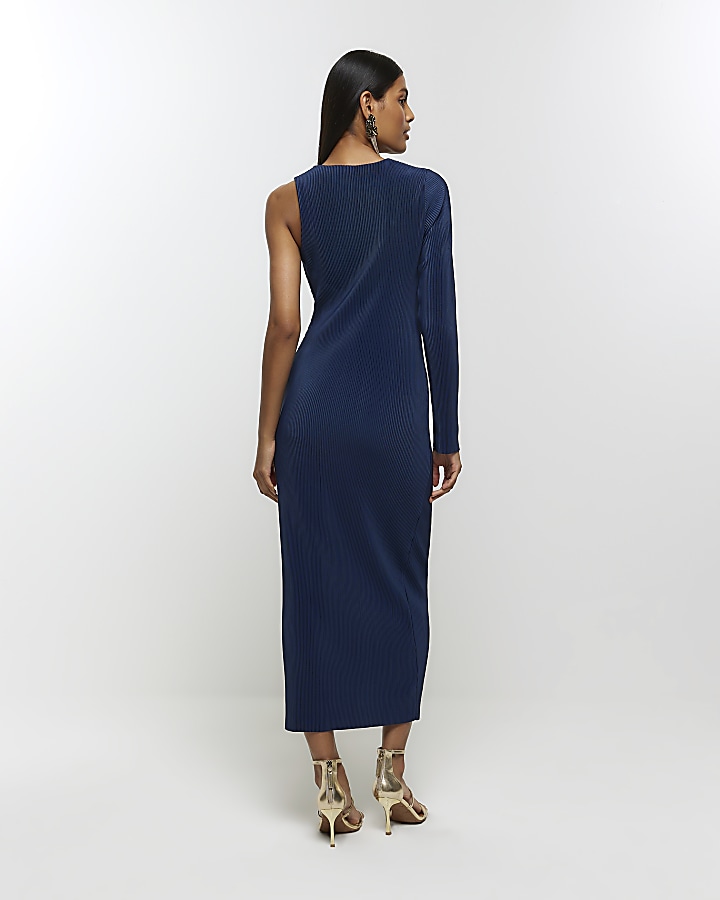Blue plisse long sleeve bodycon midi dress