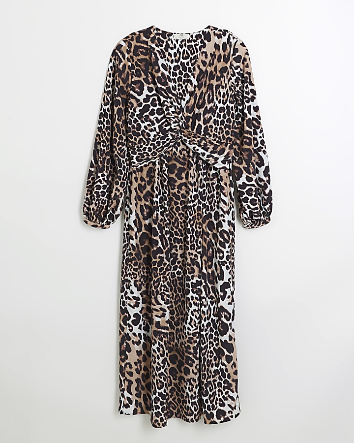 Black leopard print knot swing midi dress